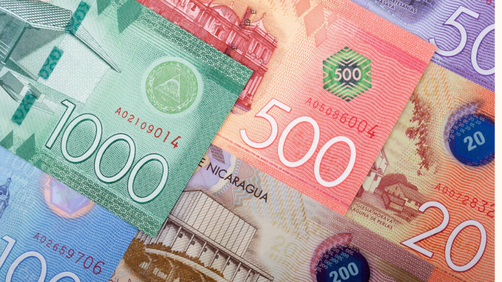 Our Nicaragua Travel Cost: Is Nicaragua Cheap? 2 A close up shot of different denominations of Nicaraguan Cordobas spread across a table, there is a green, red, blue and purple note.