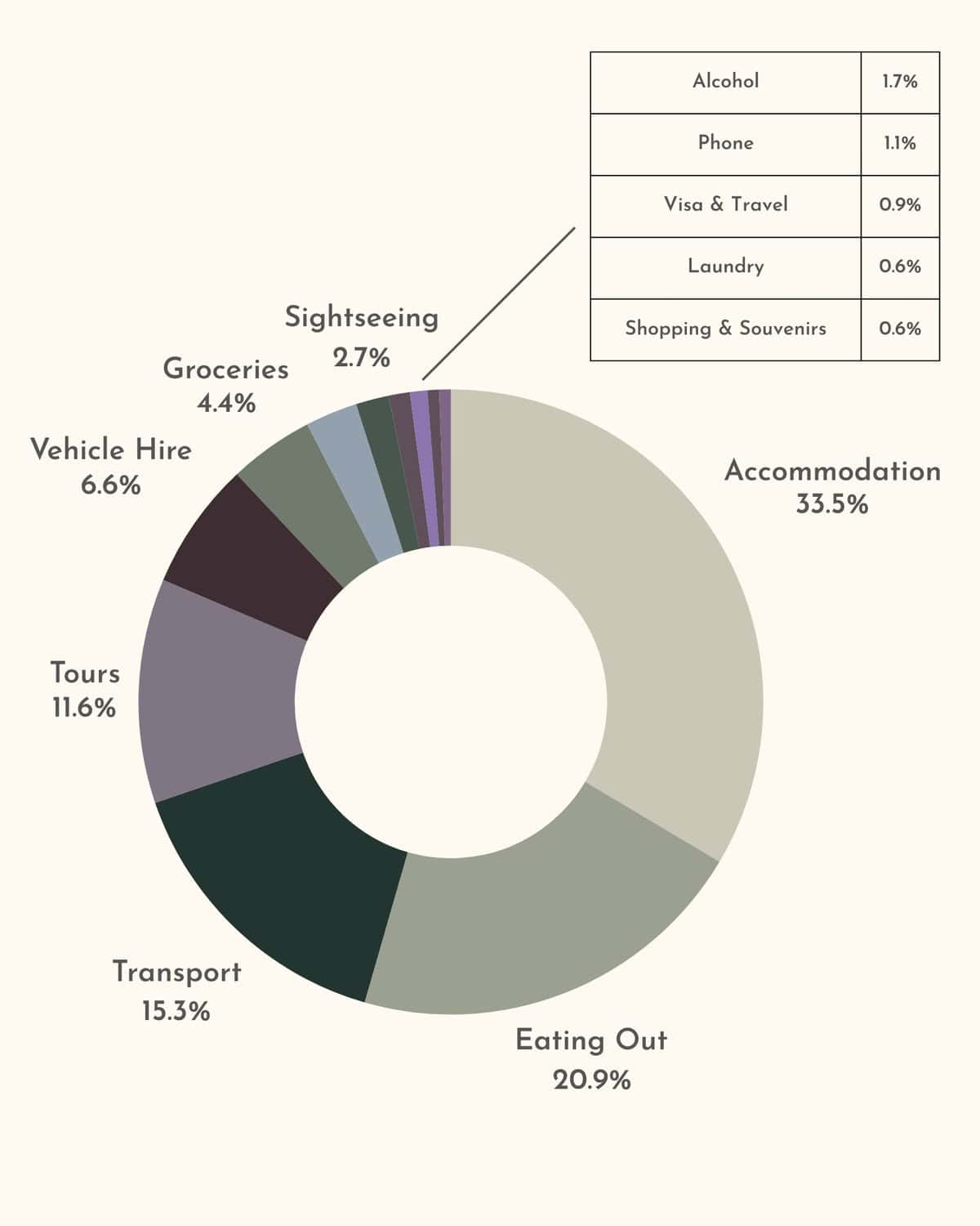 Our Nicaragua Travel Cost: Is Nicaragua Cheap? 9 A pie chart with beige and other natural colours highlighting our Nicaragua travel cost and what categories we spent the most money on. The largest pieces of the pie are accommodation and eating out.