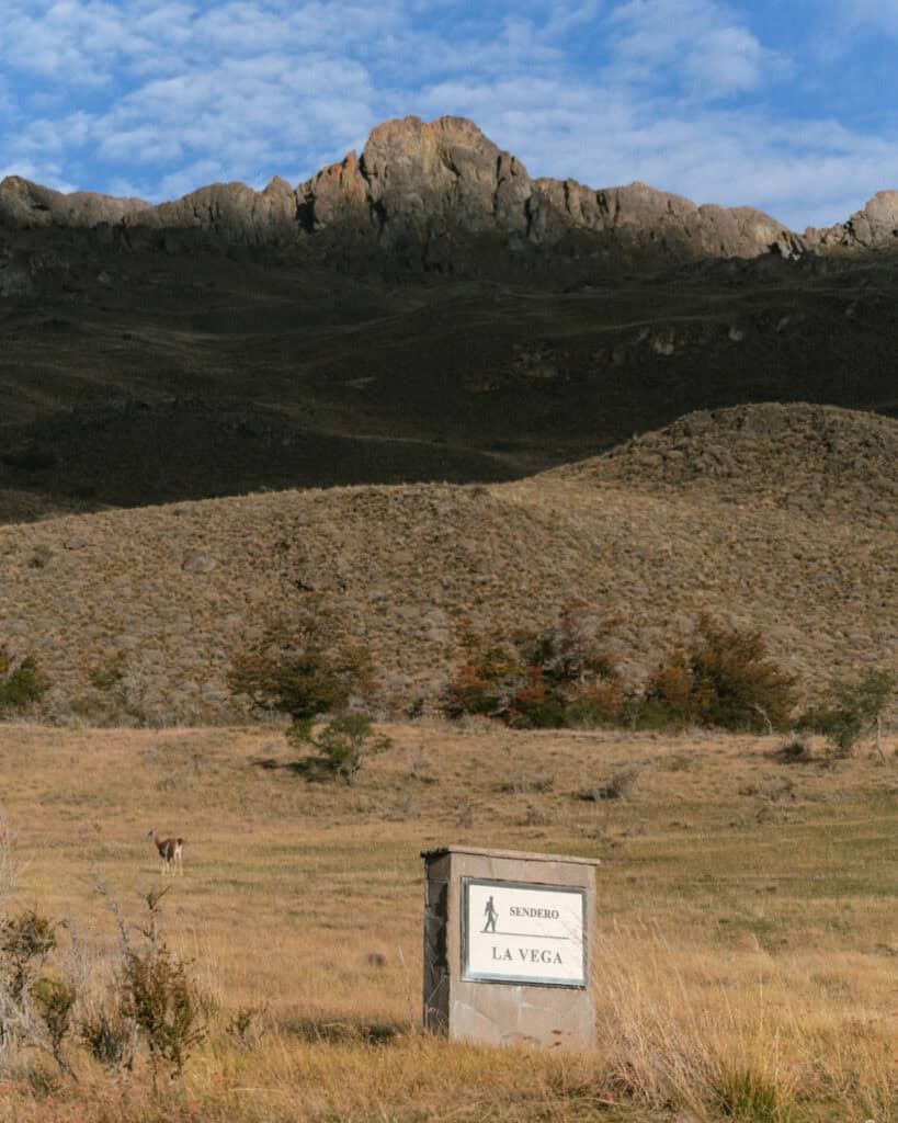 Valle Chacabuco Sector Guide: Parque Nacional Patagonia, Chile 36 A stone signpost reading “Sendero La Vega” stands in an open grassy valley with distant hills and a lone deer in the background, located in Valle Chacabuco, Chil