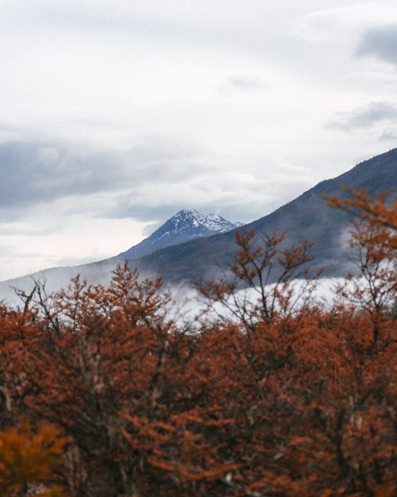 Puerto Rio Tranquilo, Chile Travel Guide: Marble & Ice 7 A snow-capped mountain rises behind layers of mist and vibrant red-orange autumn trees in the Puerto Río Tranquilo area of Chile