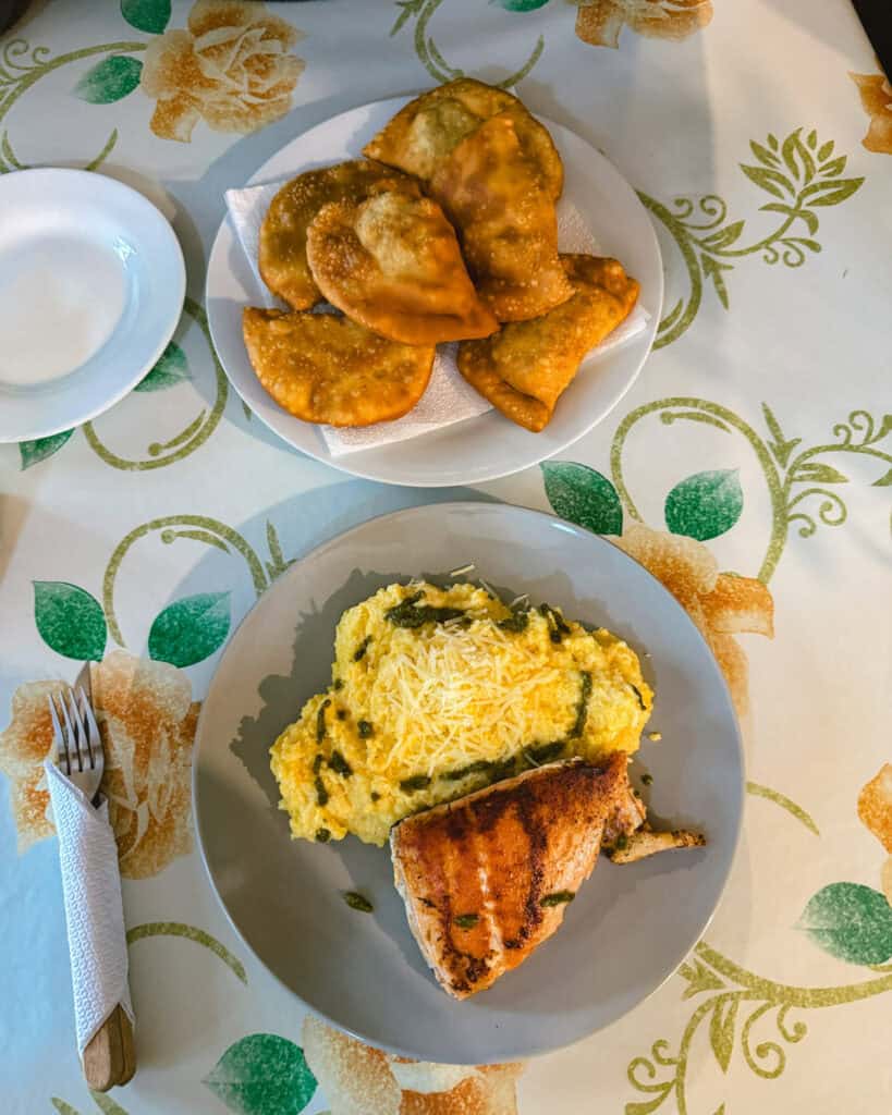Villa Cerro Castillo, Chile Travel Guide: Hiking & Huemuls 25 A plate of golden, crispy empanadas on a white plate next to a hearty dish of grilled chicken served with cheesy mashed polenta, topped with green herb sauce, all placed on a floral tablecloth