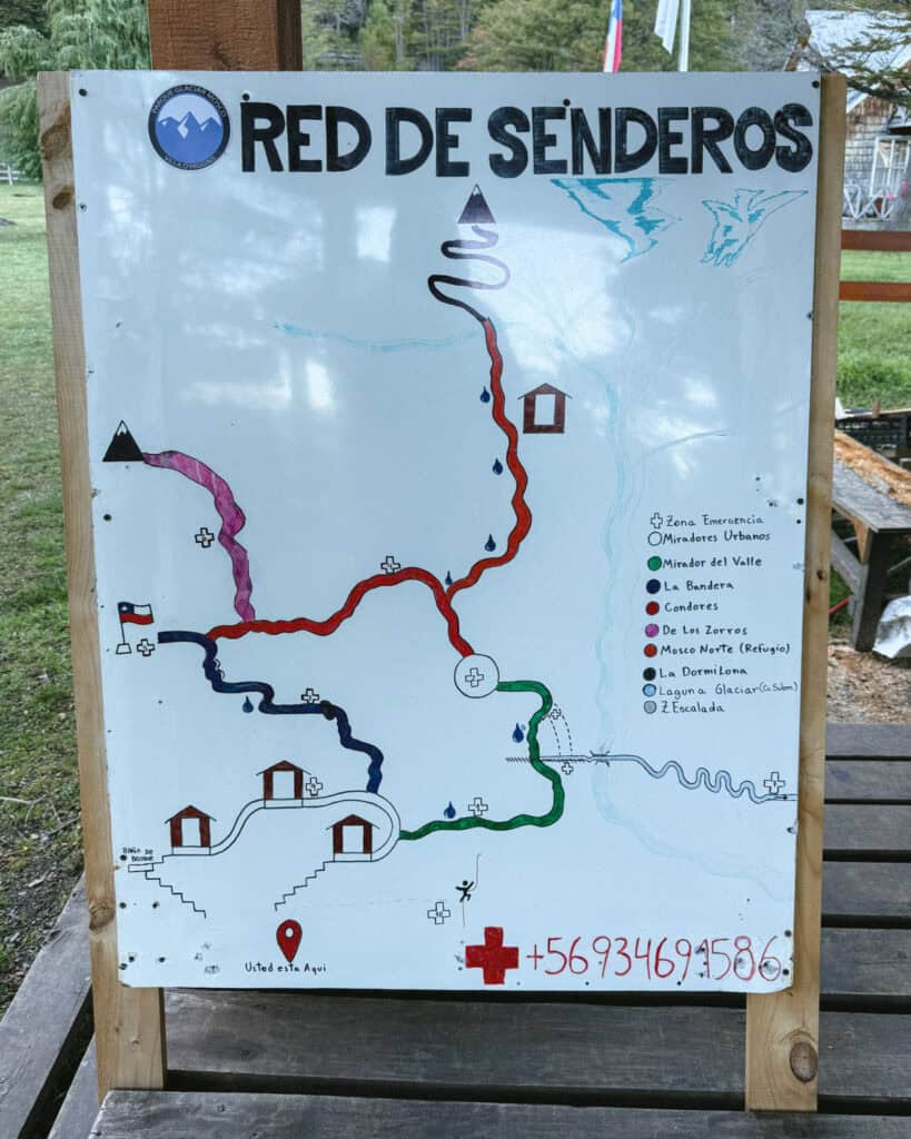 Villa O'Higgins, Chile Guide: End of the Carretera Austral 22 Color-coded hand-drawn trail map at Parque Glaciar Mosco showing various routes to scenic spots like Condores, Mosco Norte, and Laguna Glaciar.