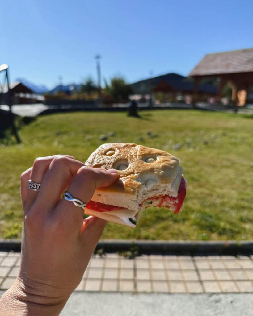 Villa O'Higgins, Chile Guide: End of the Carretera Austral 33 A close-up of a hand holding a half-eaten sandwich with tomato and deli meat between round flatbread, with a grassy park and wooden gazebos blurred in the background