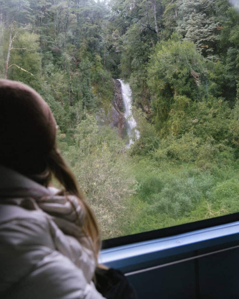Cruce Andino: The Scenic Route From Chile to Argentina 20 Sally looks out the window of a blue Turistour bus at a hidden waterfall cascading through thick green jungle near Peulla, Chile