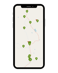Camping on the Carretera Austral, Chile: Our Tips & Tricks 10 A graphic of an iPhone showing a map with green tent icons scattered around, from the app iOverlander.