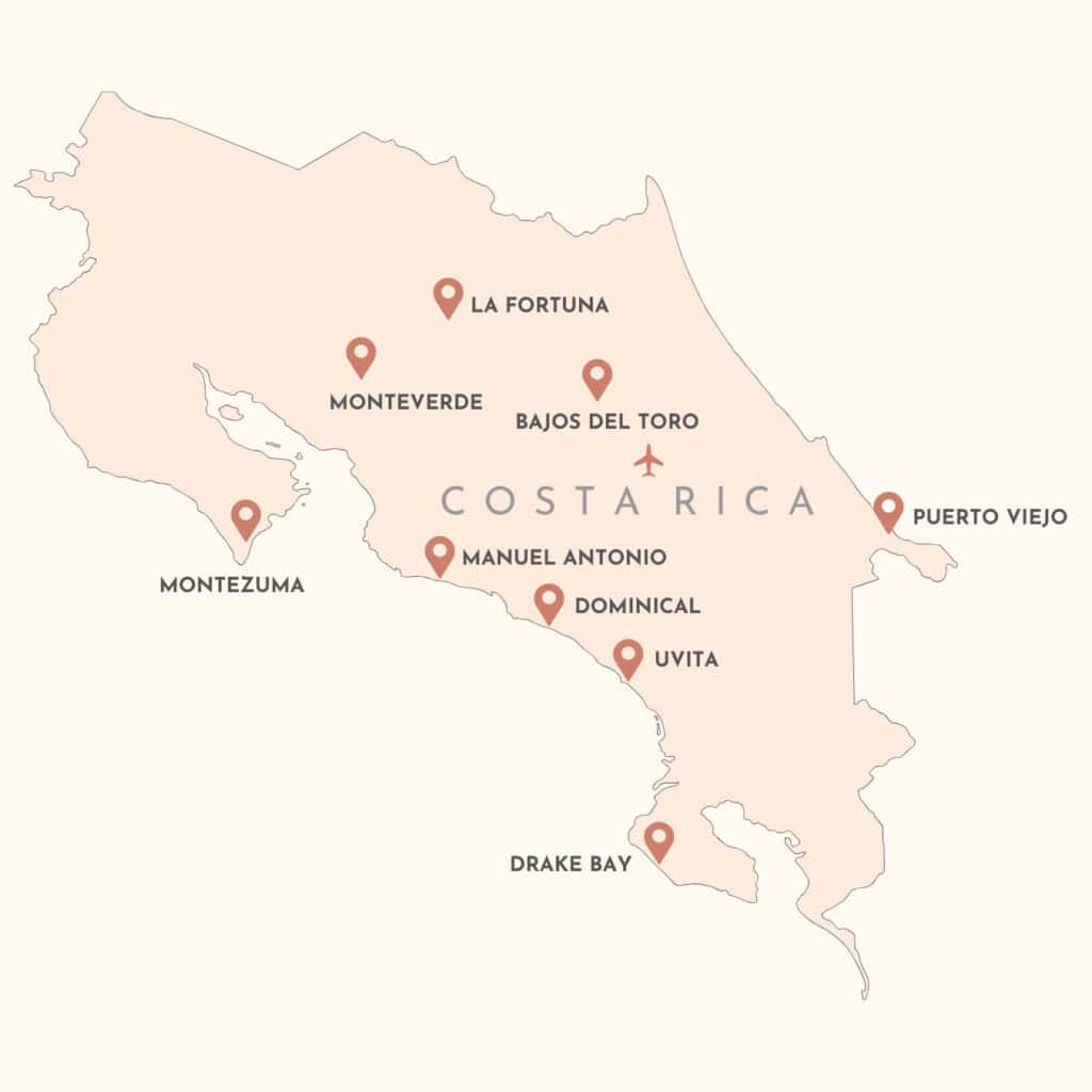 19 Wonderful Things to Do in Dominical Costa Rica 2 A pink Canva graphic map of Costa Rica with pins marking popular destinations with text box labels.