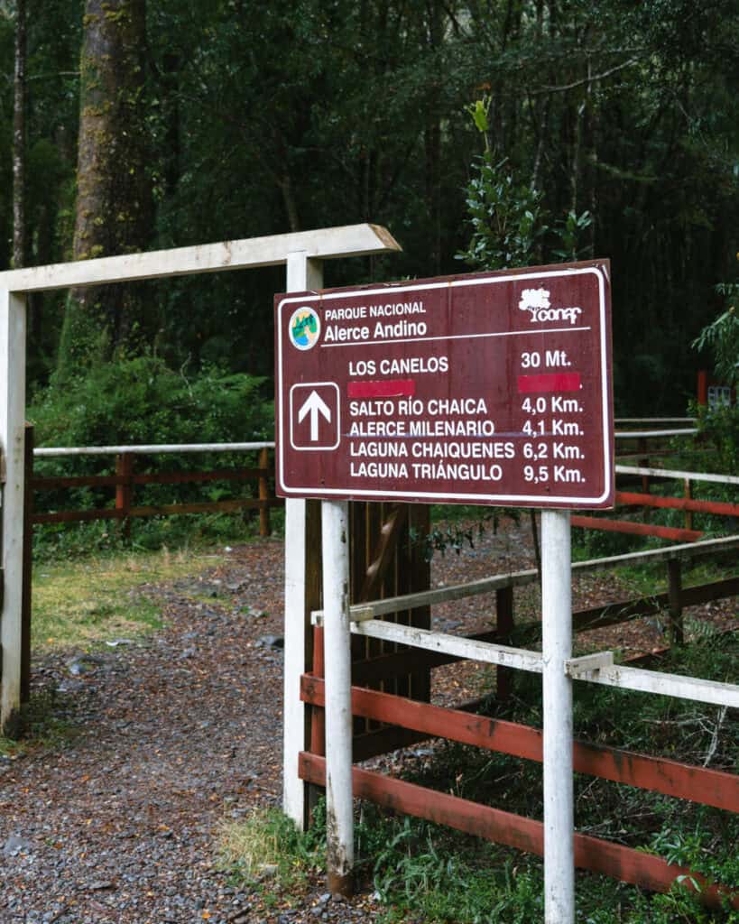 How to Visit the Alerce Andino National Park, Chile 7 Directional sign at Parque Nacional Alerce Andino, Chile, showing distances to Salto Río Chaica, Alerce Milenario, Laguna Chaiquenes, and Laguna Triángulo.