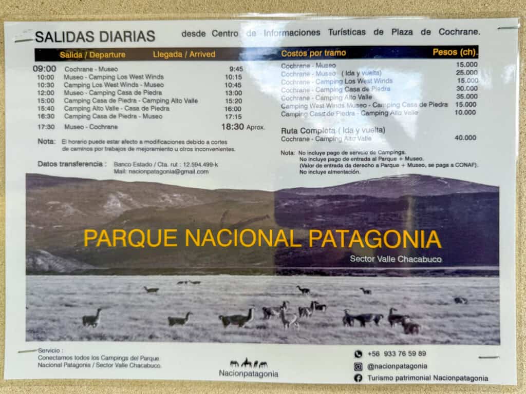 Valle Chacabuco Sector Guide: Parque Nacional Patagonia, Chile 15 A photo of an advert pinned to a noticeboard in a campground at Parque Nacional Patagonia, showing timetables of a shuttle service from Cochrane to Valle Chacabuco.