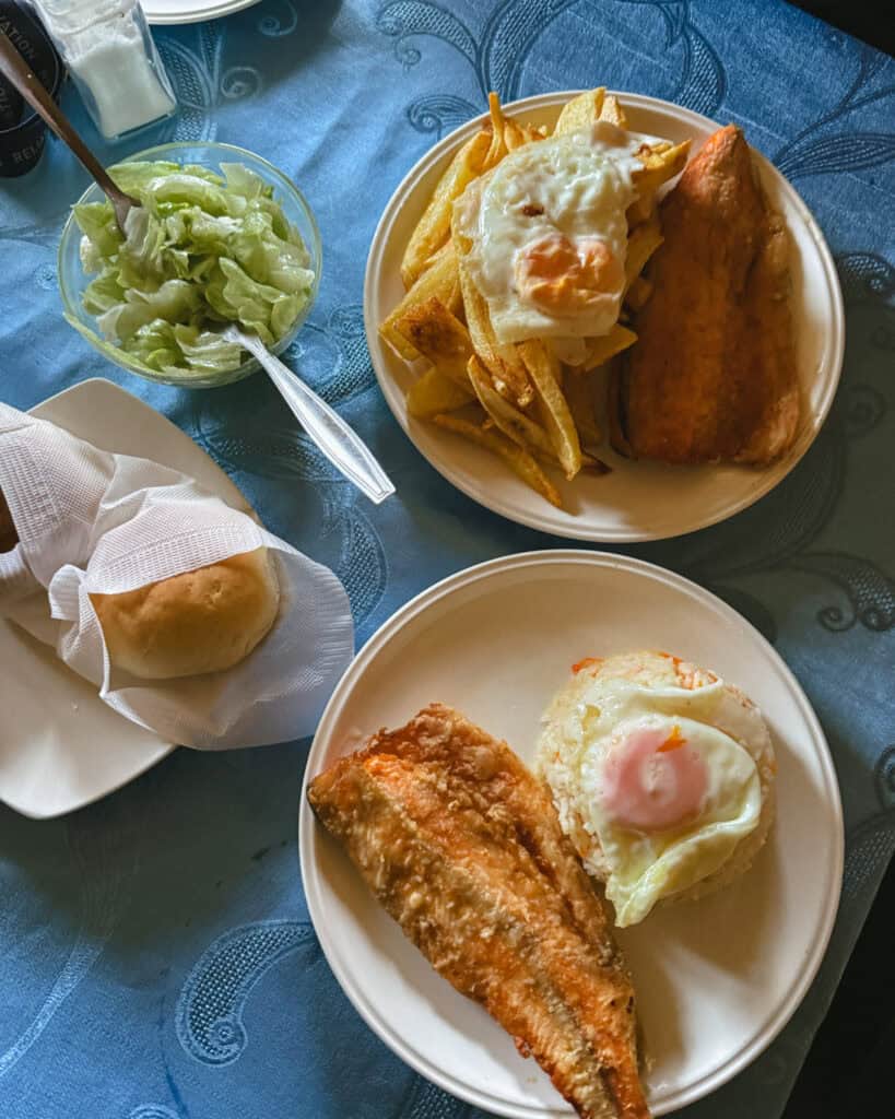 Puyuhuapi, Chile Travel Guide: Fjords and Hanging Glaciers 21 Plates of fried trout served with rice, fried egg, french fries, lettuce salad, and bread on a blue tablecloth in Puyuhuapi, Chile.