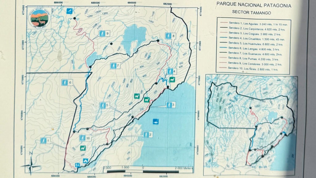 Tamango Sector Guide: Parque Nacional Patagonia, Chile 13 A photo of the trail maps in the Tamango Sector of Parque Nacional Patagonia near Cochrane Chile.