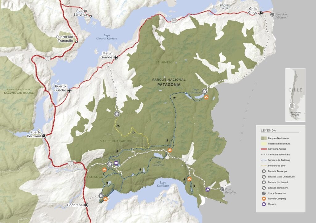 Valle Chacabuco Sector Guide: Parque Nacional Patagonia, Chile 5 A map graphic of Parque Nacional Patagonia showing the span of the park, the three different sectors and access points, campgrounds and trails.