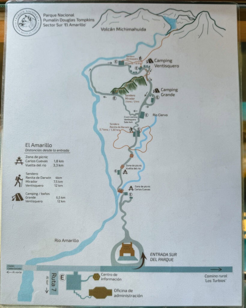 How to Visit the Pumalin National Park in Patagonia, Chile 36 A photo of a map of the El Amarillo Sector of Pumalin National Park with trails, campgrounds and attractions clearly marked.