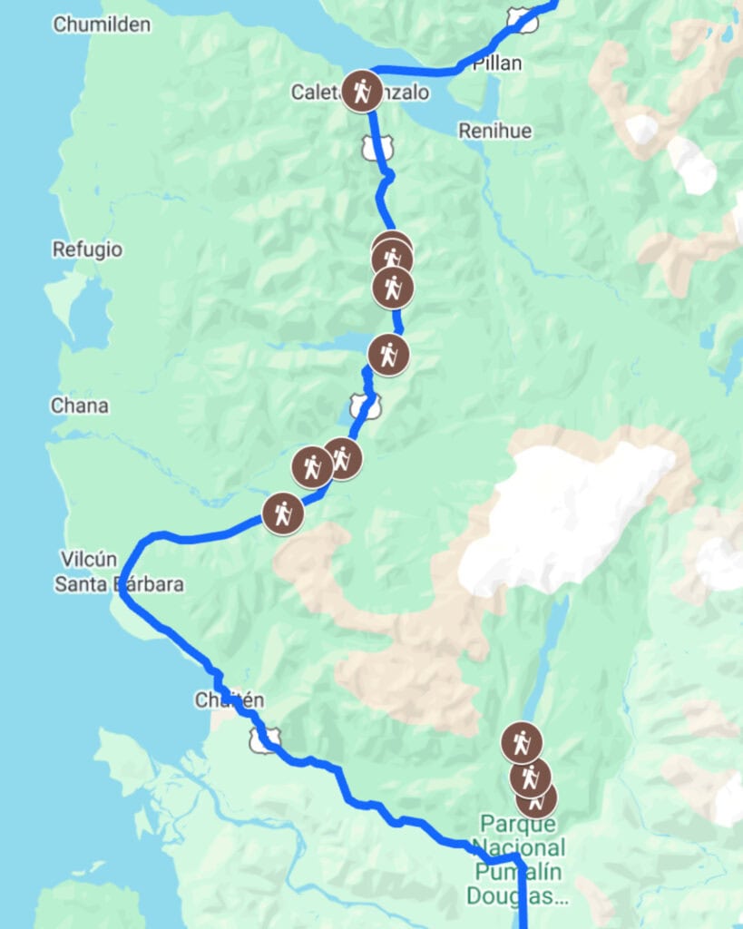 How to Visit the Pumalin National Park in Patagonia, Chile 19 A screenshot of a custom map with brown hiker icons pinned along the map inside the Pumalin National Park in Chile, indicating the different trails in the park.