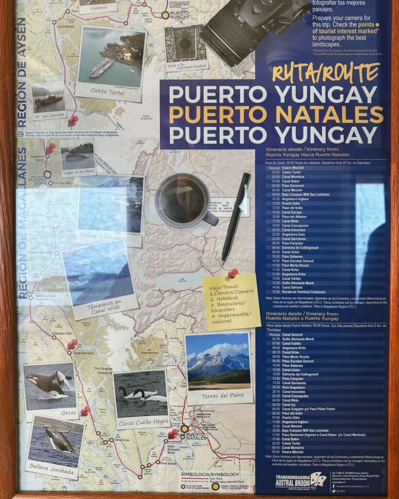 TABSA Ferry: Sailing from Puerto Natales to Puerto Yungay 42 Map poster inside the Tabsa Ferry displaying the route from Puerto Yungay to Puerto Natales, Chile. Includes a travel itinerary, suggested gear list, and highlights tourist spots like Caleta Tortel, Puerto Edén, Torres del Paine, and wildlife sightings.