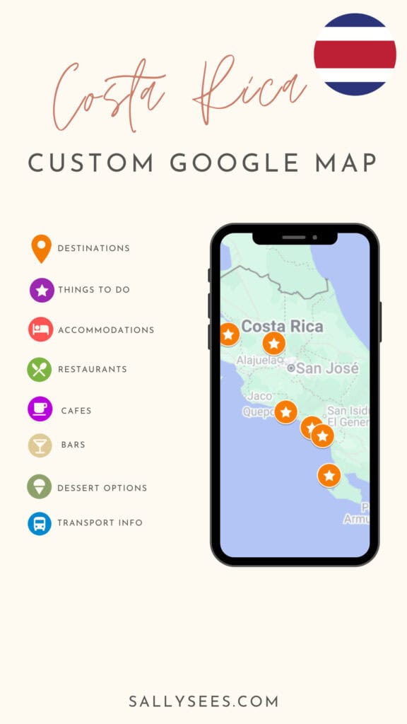 A Canva graphic advertising my Costa Rica custom map freebie, with a graphic of an iPhone with a map of Costa Rica on the screen with orange location pins.