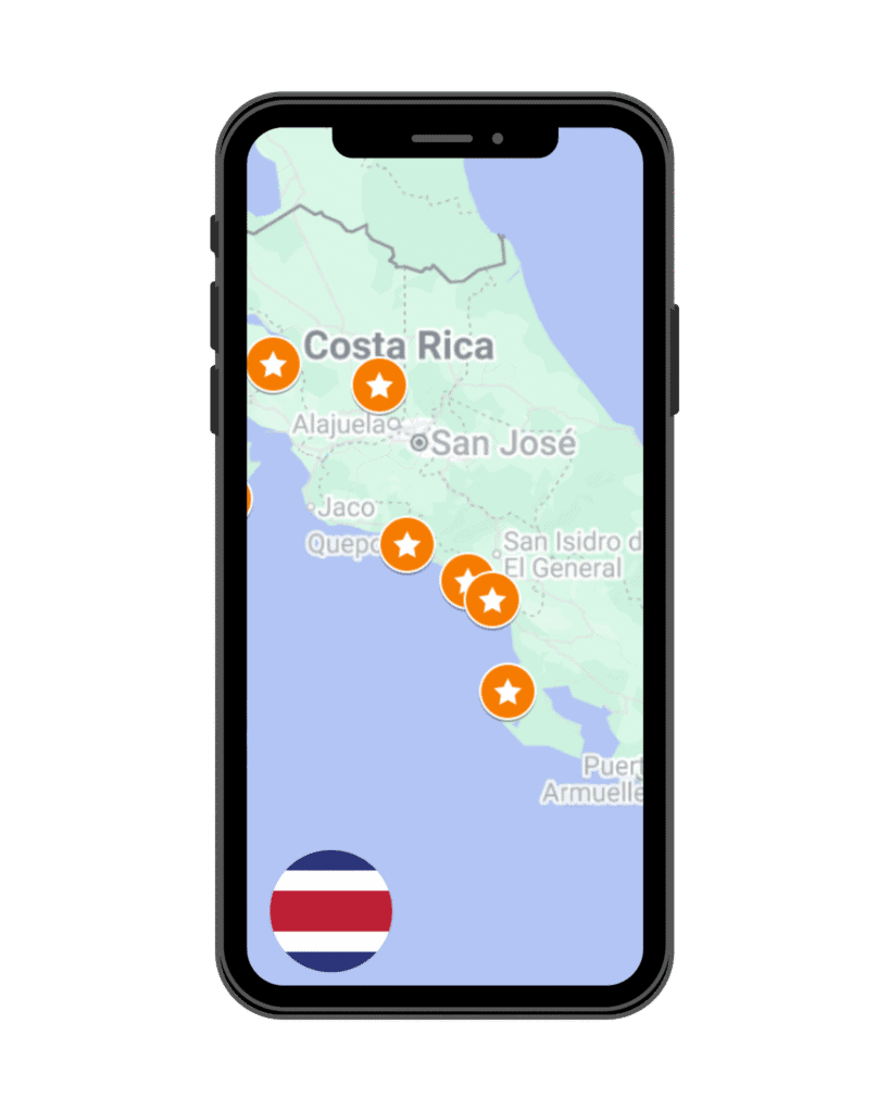 Freebies 3 A Canva graphic of an iPhone with the cover of a custom Costa Rica Google Map with coloured pins, and a circular Costa Rica flag