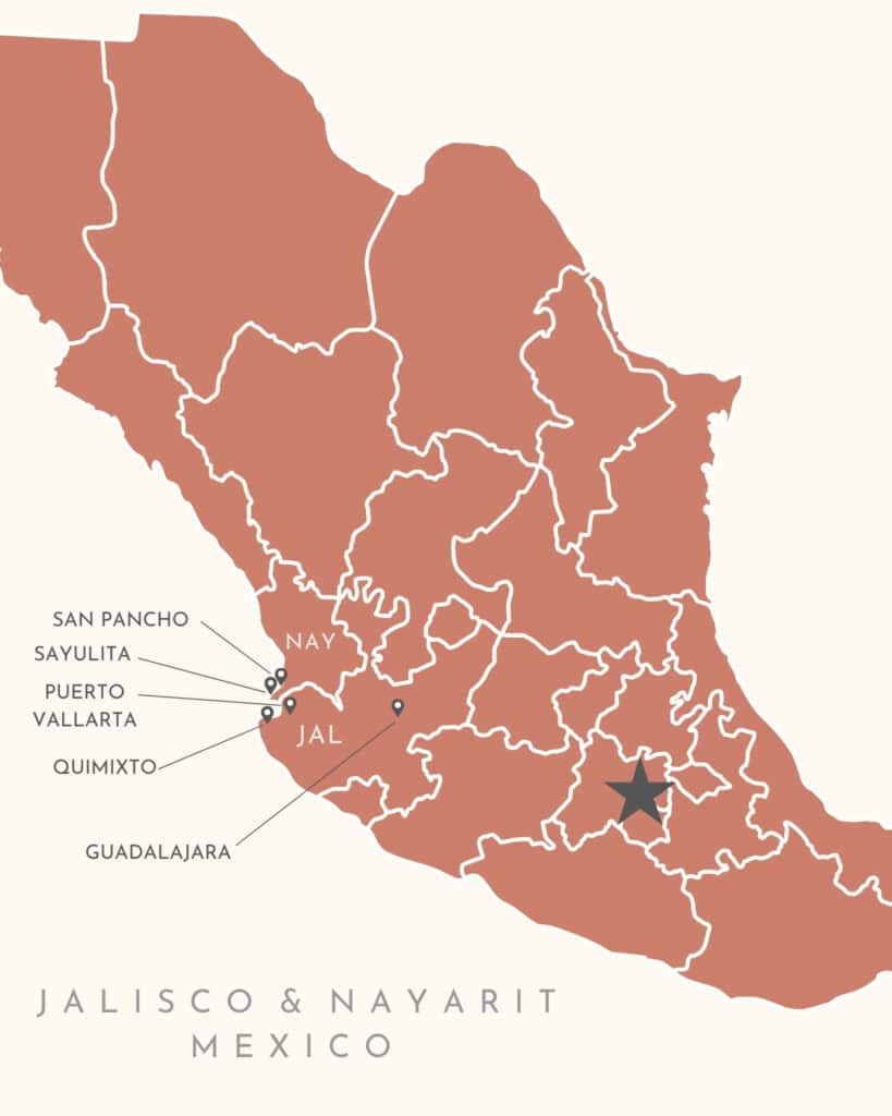 San Pancho Mexico Travel Guide: Tropical Bliss in Nayarit 6 A Canva graphic with a map of Mexico with state lines. There are map pins and text boxes labelling places in the west coast states of Jalisco and Nayarit.