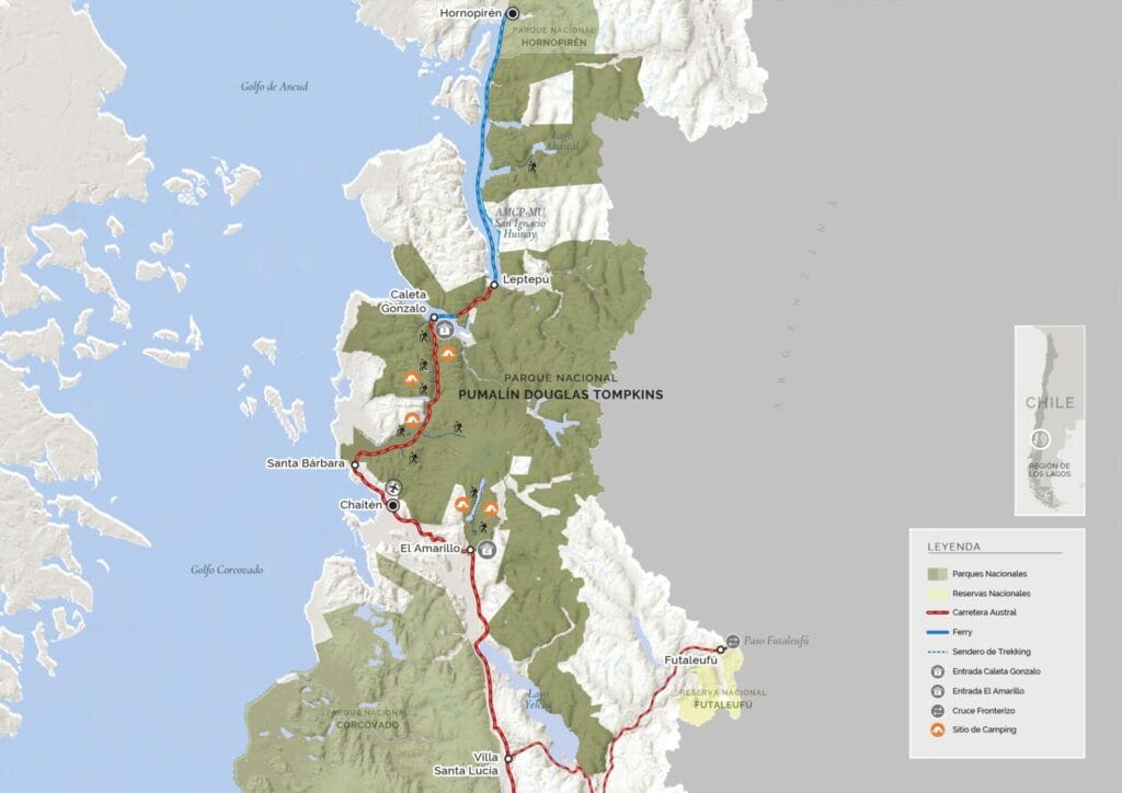 How to Visit the Pumalin National Park in Patagonia, Chile 9 A map graphic of Pumalin National Park in Chile.