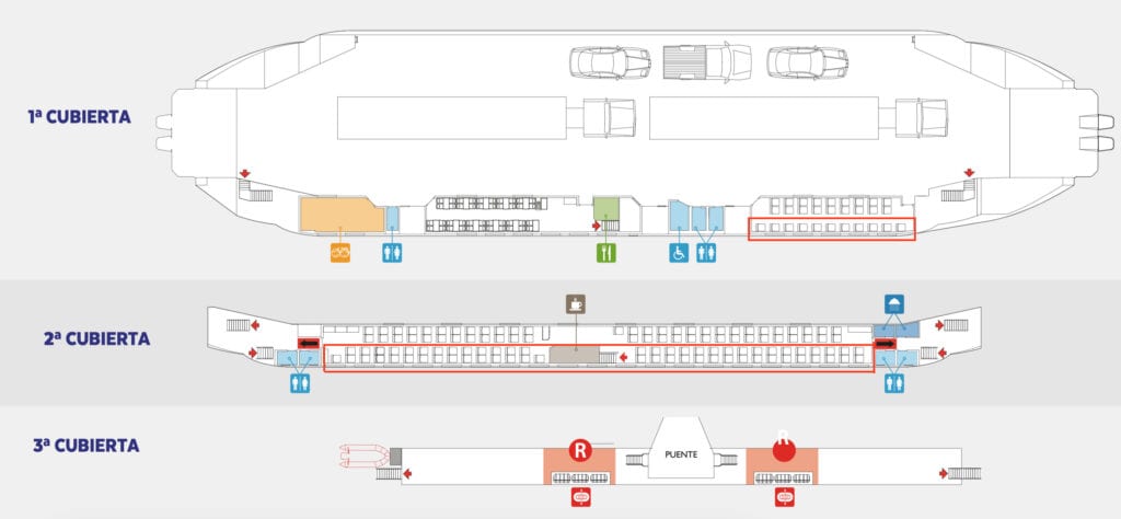 TABSA Ferry: Sailing from Puerto Natales to Puerto Yungay 16 A graphic of the TABSA Ferry Crux Australis and its layout. The image shows the three decks, amenities like toilets, showers and the cafeteria. There is a red rectangle inserted over certain seats to indicate which are window seats.