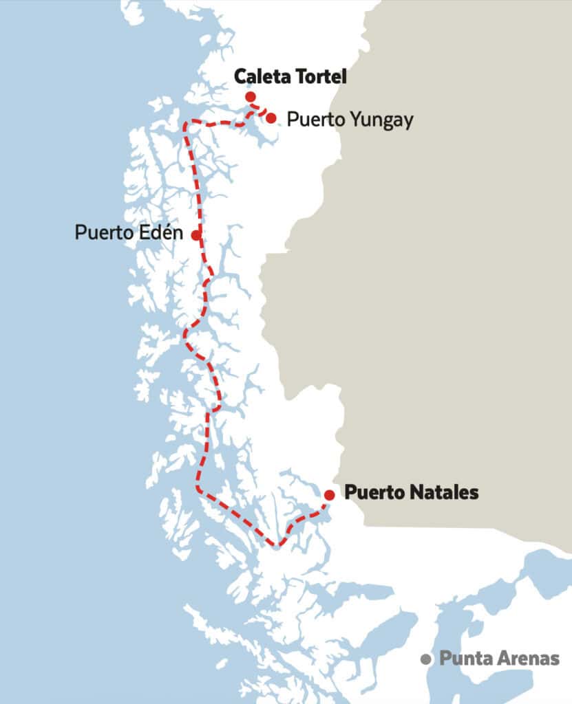 TABSA Ferry: Sailing from Puerto Natales to Puerto Yungay 10 A map graphic of the TABSA ferry route from Puerto Natales to Puerto Yungay, via Puerto Eden and Caleta Tortel.