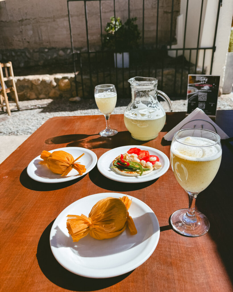 7 - 10 Day Salta Road Trip: The Best of Northwest Argentina 54 Outdoor table set with humitas wrapped in corn husks, a vegetable tart, glasses of icy lemonade, and a pitcher in the midday sun.