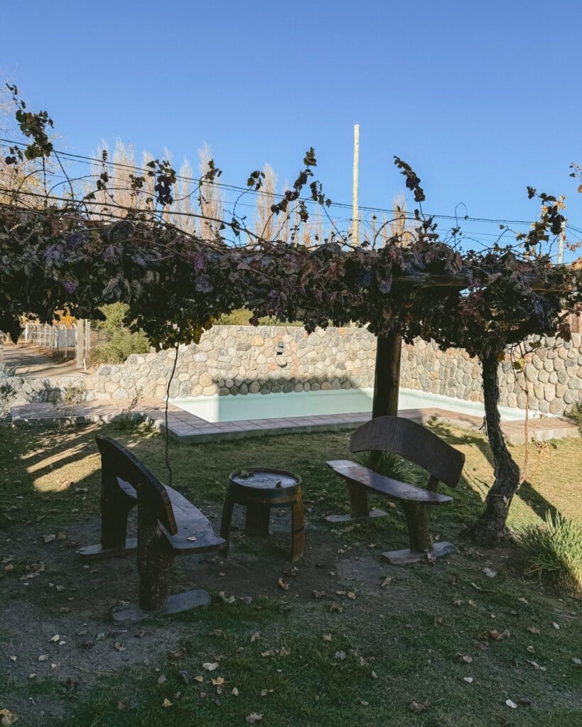 7 - 10 Day Salta Road Trip: The Best of Northwest Argentina 38 Rustic wooden benches and a small table rest under a grapevine-covered pergola near a small stone-lined pool in a garden courtyard.