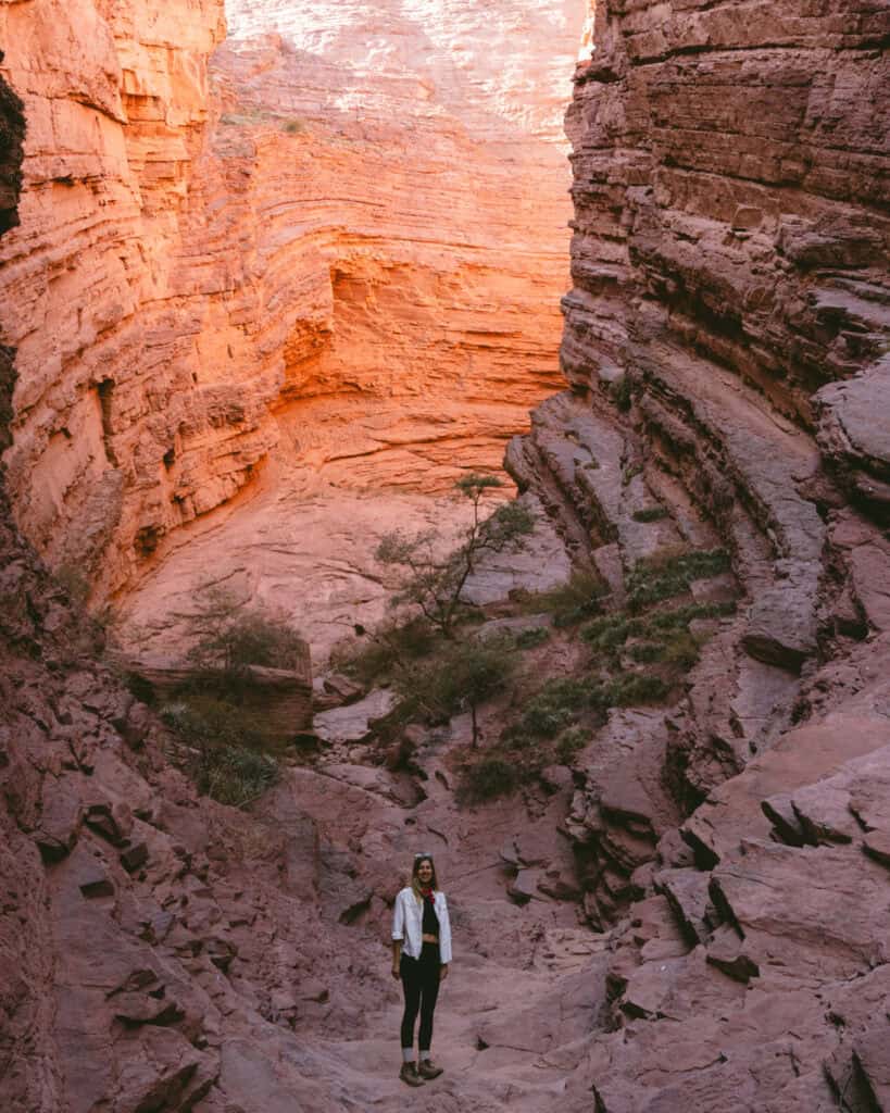 7 - 10 Day Salta Road Trip: The Best of Northwest Argentina 23 Sally in hiking clothes stands smiling on the rocky ground inside a glowing red canyon, surrounded by dramatic, striated cliffs and desert plants.