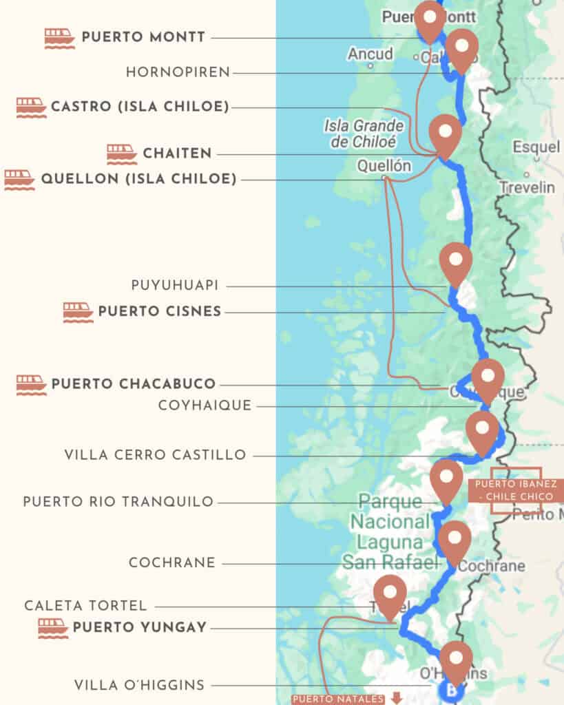The Carretera Austral, Chile: Everything You Need to Know 68 Comprehensive travel map of the Carretera Austral, displaying the main road route and numerous ferry crossings including Puerto Montt, Chaitén, Quellón, and Puerto Yungay. Additional ferry ports like Puerto Cisnes and Puerto Chacabuco are marked alongside road points.