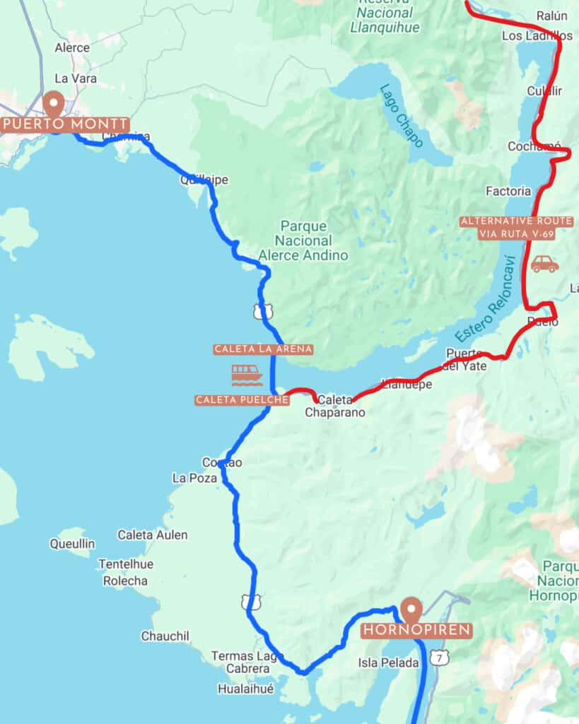 The Carretera Austral, Chile: Everything You Need to Know 61 Zoomed-in map of the northern section of the Carretera Austral from Puerto Montt to Hornopirén, showing ferry connections between Caleta La Arena and Caleta Puelche. Nearby landmarks include Parque Nacional Alerce Andino and Lago Chapo.