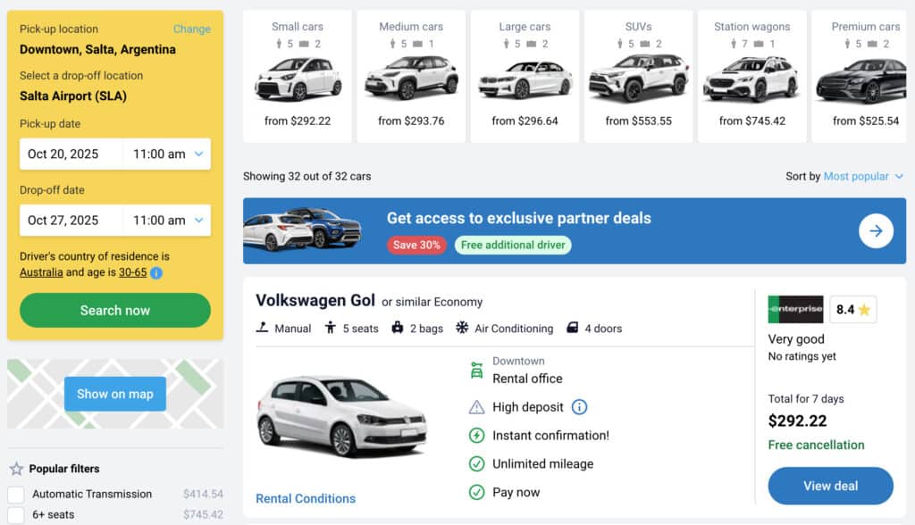 7 - 10 Day Salta Road Trip: The Best of Northwest Argentina 6 A screenshot of the Discover Cars search page, showing available car rentals for a Salta road trip in Argentina.