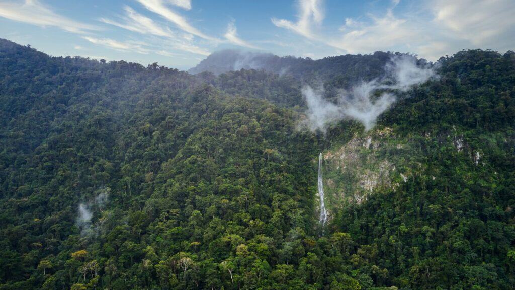 The Perfect 2 - 3 Week Honduras Itinerary 22 An aerial shot of the El Bejuco Waterfall in the Pico Bonito National Park in the far distance falling down a rocky cliff face, covered with trees and lush greenery, mountains surround the fall with patches of cloud and mist hanging in the air