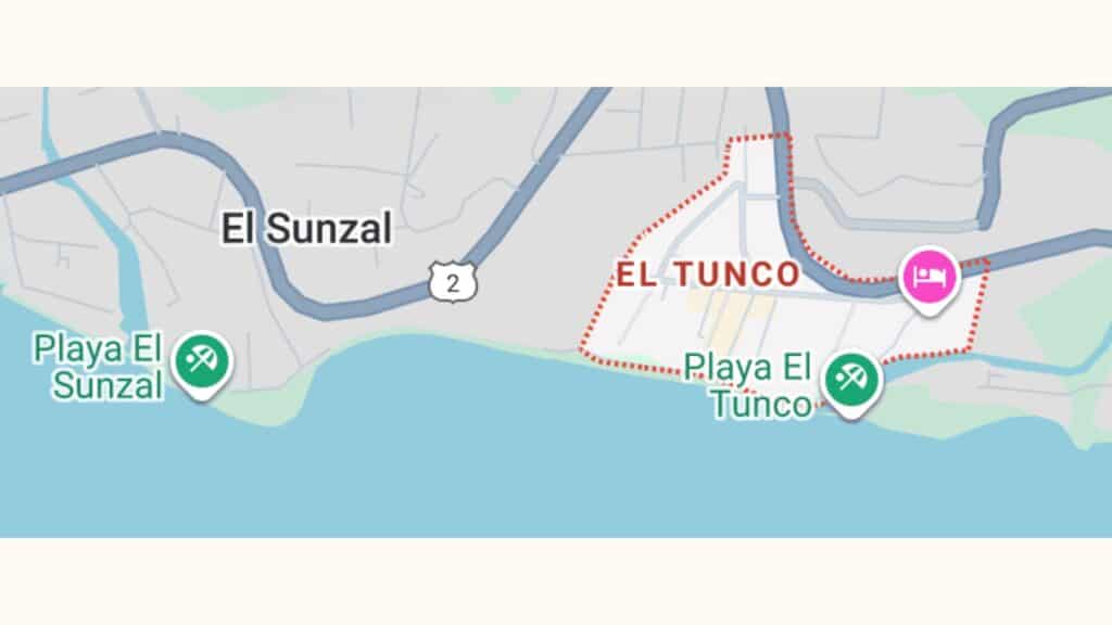 Where to Stay in El Tunco: 16 Best Options for Every Budget 6 A screenshot of a Google map highlighting where to stay in El Tunco, with the boundaries of the town in dotted red.