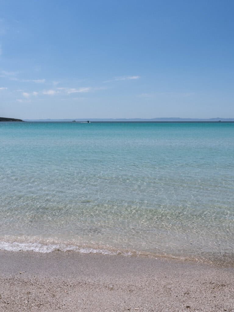 Our Day at Isla Espiritu Santo, La Paz: Sea Lions & Beaches 10 Clear shallow water gently laps onto a sandy beach with a gradient of turquoise and deep blue sea stretching toward the horizon at Isla Espiritu Santo in La Paz Baja California Sur.