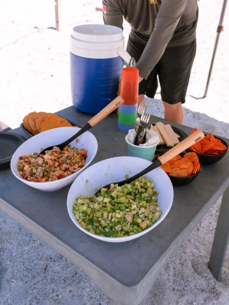 Our Day at Isla Espiritu Santo, La Paz: Sea Lions & Beaches 30 Bowls of fresh ceviche and chopped avocado sit on a table alongside chips and tostadas being served at a beach setup on Isla Espiritu Santo in La Paz Baja California Sur.