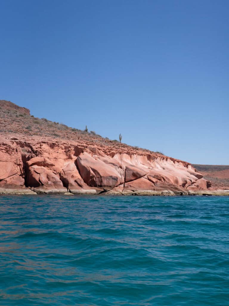 Our Day at Isla Espiritu Santo, La Paz: Sea Lions & Beaches 33 A rocky desert hillside rises above deep blue ocean water under a clear sky at Isla Espiritu Santo in La Paz Baja California Sur.