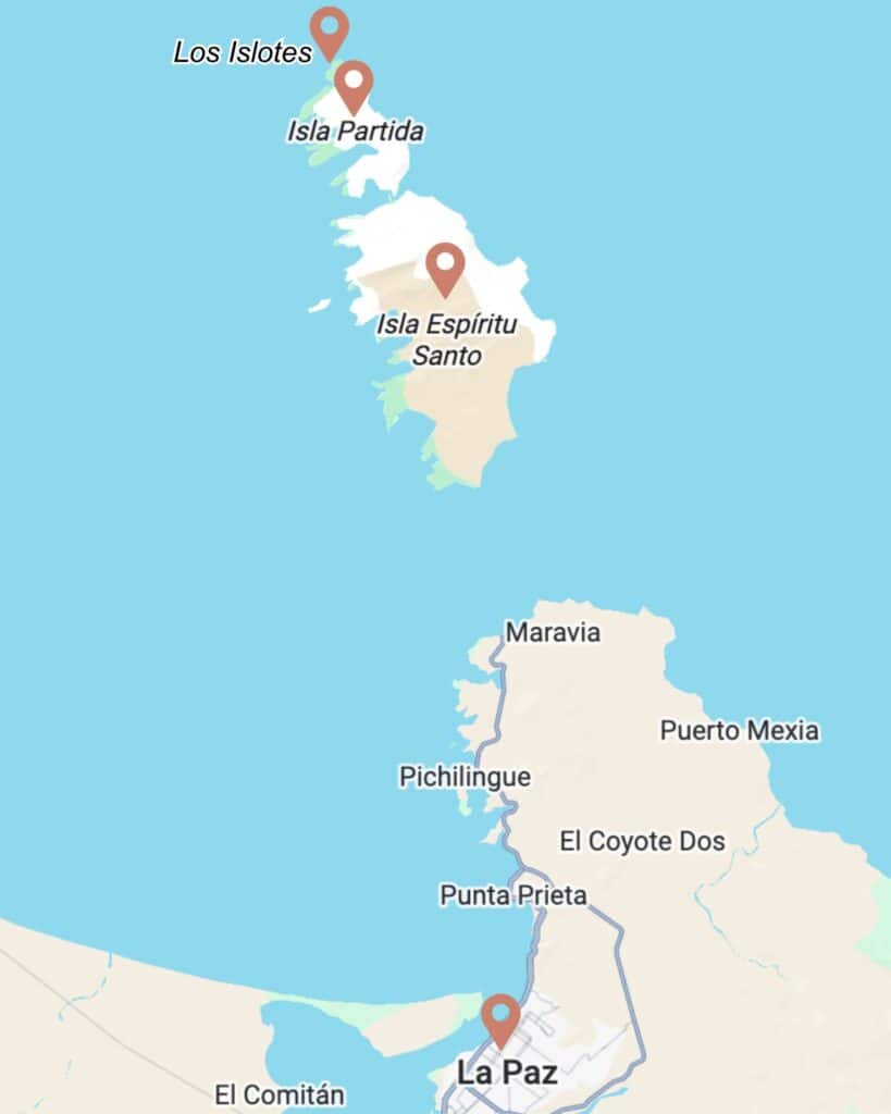 Our Day at Isla Espiritu Santo, La Paz: Sea Lions & Beaches 6 A map showing the location of Isla Espiritu Santo and Isla Partida north of La Paz along the Baja California Sur coastline with marked points for Los Islotes and surrounding areas.