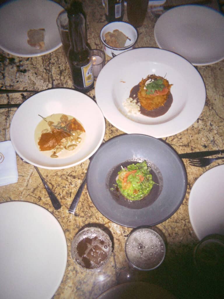Mexico City Food Tour: Our Experience with Sherpa Food Tours 2 A top down view of plated dishes including a green herb topped appetizer and a crispy layered dish sits on a table with drinks during a Mexico City food tour.