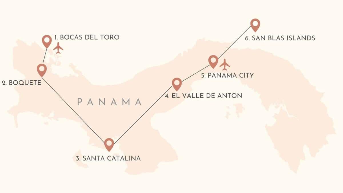3 - 4 Week Panama Itinerary: Experience the Best of Panama 5 Route map of a Panama travel itinerary showing the journey between Bocas del Toro, Boquete, Santa Catalina, El Valle de Antón, Panama City and the San Blas Islands, with numbered stops and connecting travel routes.