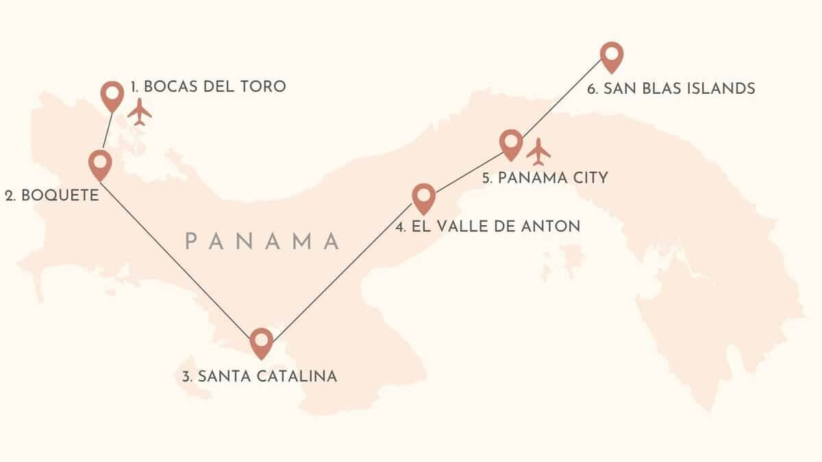 Panama Travel Guide: Central America's Hidden Gem 33 Route map of a Panama travel itinerary showing the journey between Bocas del Toro, Boquete, Santa Catalina, El Valle de Antón, Panama City and the San Blas Islands, with numbered stops and connecting travel routes.