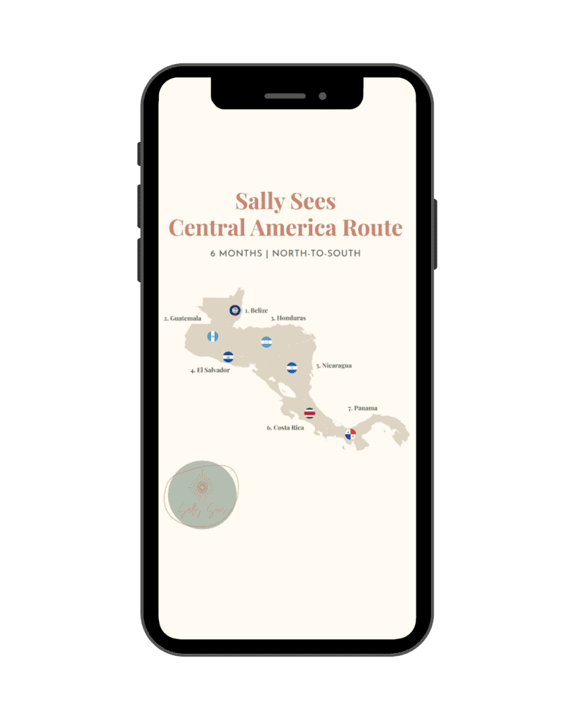 Freebies 9 A Canva graphic of an iPhone with my Central America route map PDF cover page showing.